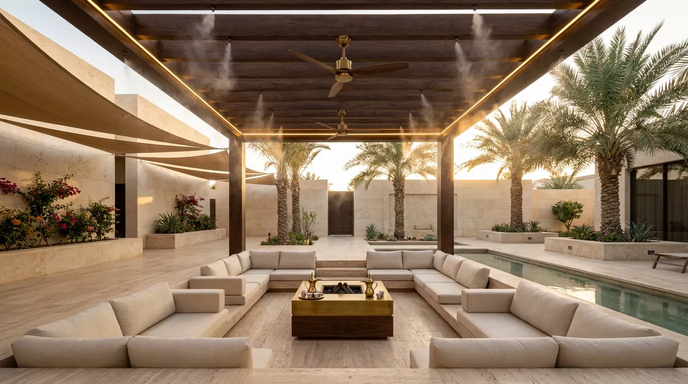 ديكور استراحات الرياض بتصميم خارجي يتحمل الحرارة مع برجولات ثابتة وعزل جيد وأرضيات مناسبة وتهوية محسوبة